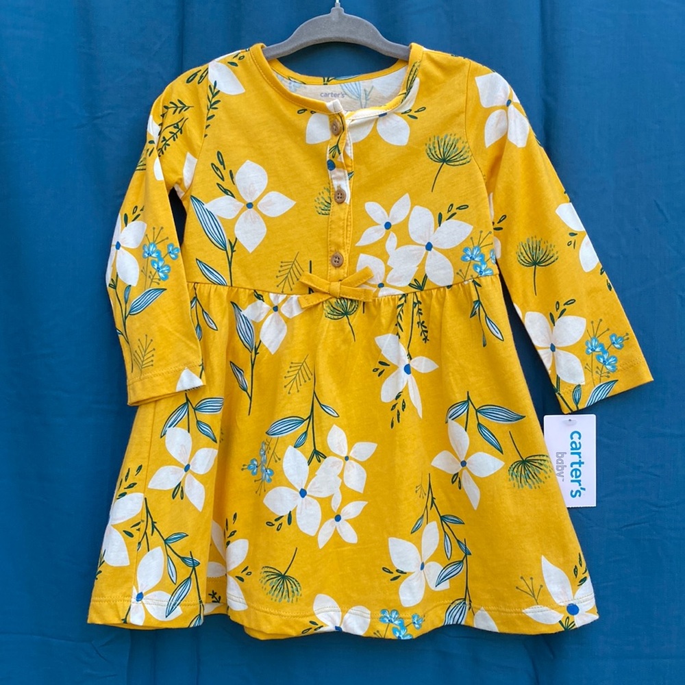 NWT Carter’s baby long sleeve yellow dress with flower pattern size 12 months